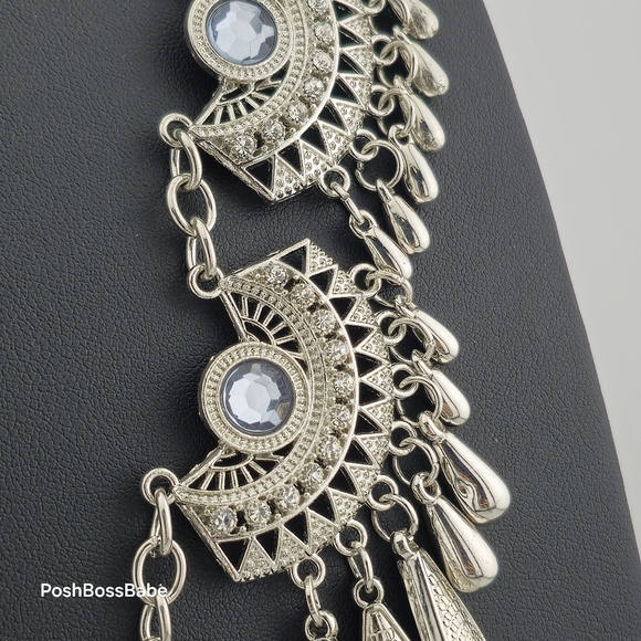 Boho Statement Necklace with Silver-Tone Crescent Medallions – 20-23" Length - Picture 10 of 12